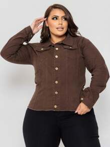 Plus Size Denim Jacket With Lycra And Buttons, Blouson Model - 鏽棕色 - 查看 2