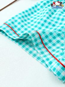 2pcs/Set Women's Spring/Summer Sanrio Hello Kitty Embroidered Pocket Plaid Print Lapel Short Sleeve Button-Up Top And Bow Shorts Pajamas Loungewear Set, Suitable For Home Use - màu xanh lá - Xem 7