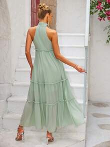 Joyfunear Maternity Robe Dress With Ear Edged Collar, Knot And Halter Design - Green - View 2