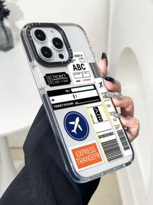 1pc Fashionable Transparent Airplane Ticket Print Anti-Drop Phone Case, Compatible With Iphone11 12 13 14 11Promax 12Promax 13Promax 14Promax XR 15 15PRO 15PROMAX 16 16PRO 16PROMAX Waterproof Shockproof Scratch Resistant - Multicolor - View 5