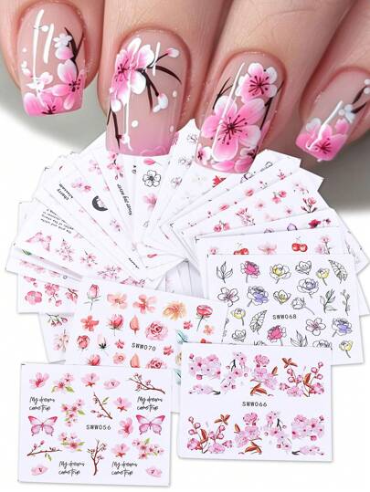 24 PCS Pink Cherry Blossom Nail Stickers Watercolor Flower Charms Nail Art Water Transfer Decals Floral Plants Designs For Acrylic Nails Supplies Spring Summer Manicure Decoration Foils