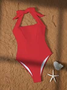 1pc Women's Casual High Neck Tied Solid Color One-Piece Swimsuit - Red - View 3