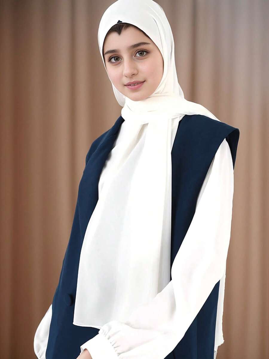 1pc Girl's Solid Color Chiffon Simple Fashion Elegant Hijab Scarf - White - View 1