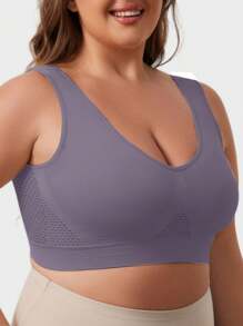 1pc Seamless Full Cup Wireless Lift & Support Yoga & Sleeping Sports Bra, Comfortable Side Gather Design For Plus Size Women