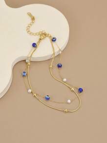 1pc Pearl & Golden Beaded Stainless Steel Double Layer Anklet - Yellow Gold - View 1