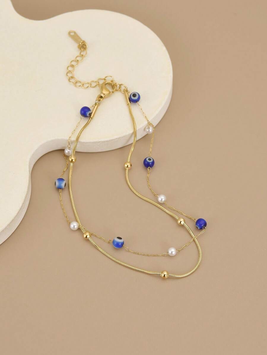 1pc Pearl & Golden Beaded Stainless Steel Double Layer Anklet - Yellow Gold - View 1
