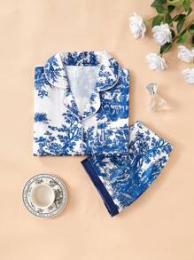 2 件套女士夏季短袖短裤缎面睡衣套装，植物印花开衫翻领纽扣优雅家居服 - 彩色 - 查看 6