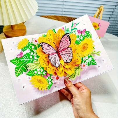1 Set Butterfly & Sunflower 3D Greeting Cards, Elegant Handmade Postcard, Suitable For Birthday, Festivals, Mother's Day