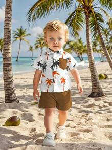 Baby Boys' Cute Collar Shirt With Pocket, Coconut Tree Print Button-Up Shirt Top Paired With Solid Color Shorts, 2pcs Casual Beach Style Outfit For Toddler Boys, Suitable For Spring/Summer Daily, Travel And Outdoor Play - Brown - View 4