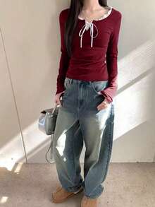 Christmas New Arrival Color Block 2 In 1 Lace Patchwork Long Sleeve Slim Fit Women T-Shirt - Burgundy - View 3