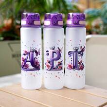 1pc 34OZ/1000ml Durable Outdoor Large Capacity Water Bottle With 26 Letter 3D Printed Rose Pattern, Leak-Proof, One-Click Open Lid, Time & Volume Markings, Suitable For Outdoor Activities, Camping, Fitness, Running, Basketball, School, Gifts For Easter, Independence Day, Mother's Day, Birthday - Multicolor - View 6