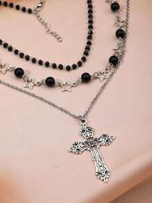 Set de 3 bucăți de colier în stil boem, cu stea, cruce, perlă neagră, margele de cristal și pandantiv inimă, bijuterii de inspirație gotică și hipster.