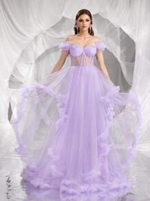 Sheer Princess Bardot Ruffle Formal Dress, Suitable For Ball, Party, Prom Dress - Mauve Purple - View 5
