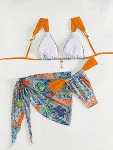Random Paisley Print Light Blue Padded Top With Gold Accent, Matching Triangle Bikini Bottoms And Sarong 3pcs Swimsuit Set, Beach Vacation Style - Multicolor-orange - View 2