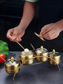 1pc, 250ml Stainless Steel Sugar Bowl With Glass Lid And Spoon - Rust Resistant Jar For Coffee Bar Storage, Kitchen Organizer For Salt, Candy, Coffee Beans 3-Slot 4-Slot With Stand Turntable