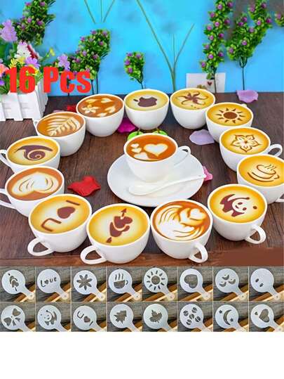 Juego de 16 plantillas de café, plantillas de arte de café con leche para barista, plantillas para espumar leche, herramientas de plástico para decorar pasteles para cafetería, San Valentín, fiestas, reuniones y regreso a la escuela