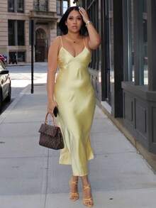 Vestido amarelo de verão para mulher, vestido longo elegante de noite em cetim, com alças finas, costas nuas, para convidada de casamento, madrinha, baile de finalistas e festa - Amarelo - Ver 8