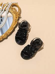 1 Pair Cute Striped Woven Hook And Loop Flat Sandals For Little Girls - Black - View 4