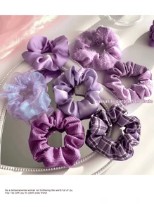 7 件装女童缎面发圈，复古紫色发圈，紫色发圈配饰缎面、丝绸、蓬松、透明、花格子发圈适合大多数发型