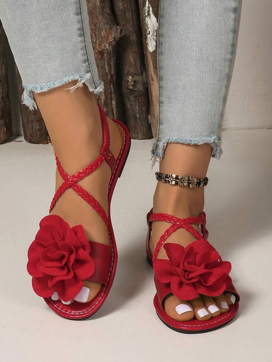 Sandalias bohemias de mujer con estilo vintage, cómodas y casuales, 2025 nueva moda, con correas cruzadas suaves tejidas de unicolor, decoración floral, hebilla, transpirables, apropiadas para verano, versátiles para vacaciones, antideslizantes, para viajes, tallas grandes, regalo del Día de San Valentín - Rojo - Ver 1