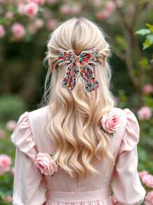 1pc Flower Tulle Hair Bows For Women Girls Colorful Flower Embroidered Mesh Bow Alligator Clips Cute Sweet Floral Embroider Vacation Bow Hair Clips Birthday Holiday Gifts Bow Barrettes Women Hair Accessories Claw Clips - Flower Embroidery - View 8