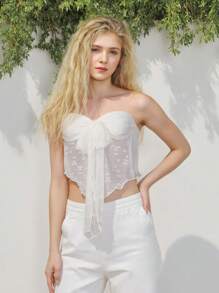 Women Tube Tops Lace Flower Twist Knot Front Strapless Tops Summer Fashion Backless Bandeau Shirts Streetwear - White - View 4
