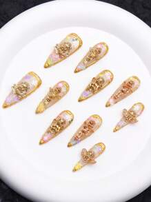 10 pezzi Set di unghie finte estive e primaverili fatte a mano, con fiori 3D e decorazioni di angeli, linee di arte, unghie a stiletto lunghe, con punte french lucide, accessori per manicure, design per unghie goth, unghie cromate, adatte per donne, ragazze e madri