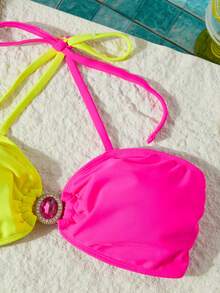 Women's Vacation Beach Contrast Color Patchwork Rhinestone Decor Bikini Set, Summer