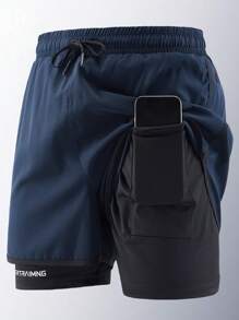 1 件男士户外运动跑步透气速干印花短裤，适合春夏季户外、跑步、健身活动 - 藏蓝色 - 查看 2