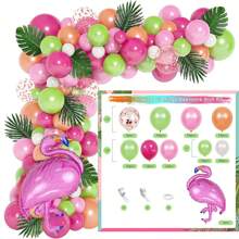 Set de 140 piezas para arco y guirnalda de globos con diseño tropical de flamencos, con globos de látex en color rosa intenso, verde oscuro y rosa claro, además de globos de papel de aluminio con diseño de flamencos, para decoración de fiesta de cumpleaños de playa, estilo hawaiano o luau de verano