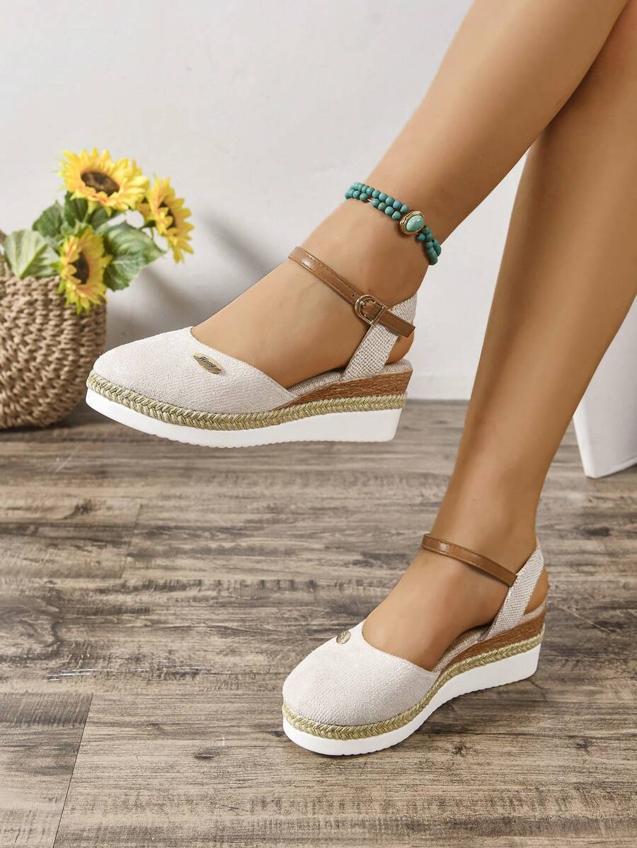 Plus Size Ladies Faux Suede Color Block Slip-On Wedge & Platform Espadrille Sandals