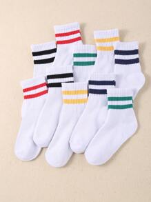 10 Pairs Of Kids' White Classic Striped Stretch Socks Are Casual And Comfortable For School Wear And Sports,Deodorant Sports Socks Children's Socks Unisex Teenagers Socks White