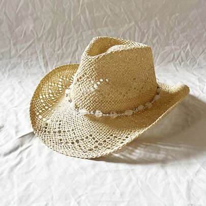 Straw Cowgirl Hats Eyelets Heart Beaded Western Style Sombreros Vaqueros For Men Women