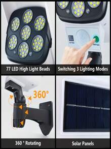 Acabamento em Metal Polido Semi Embutido Controlado por Controle Remoto Destacável, Lampada Solar Alimentada por Bateria de Lítio 800 mAh, Abajur de Polipropileno, Sensor de Movimento Sem Fio Holofotes para Área Externa 2000 Lumens 77 LEDs Holofote com Controle Remoto para Varanda, Jardim, Pátio, Entrada de Veículos