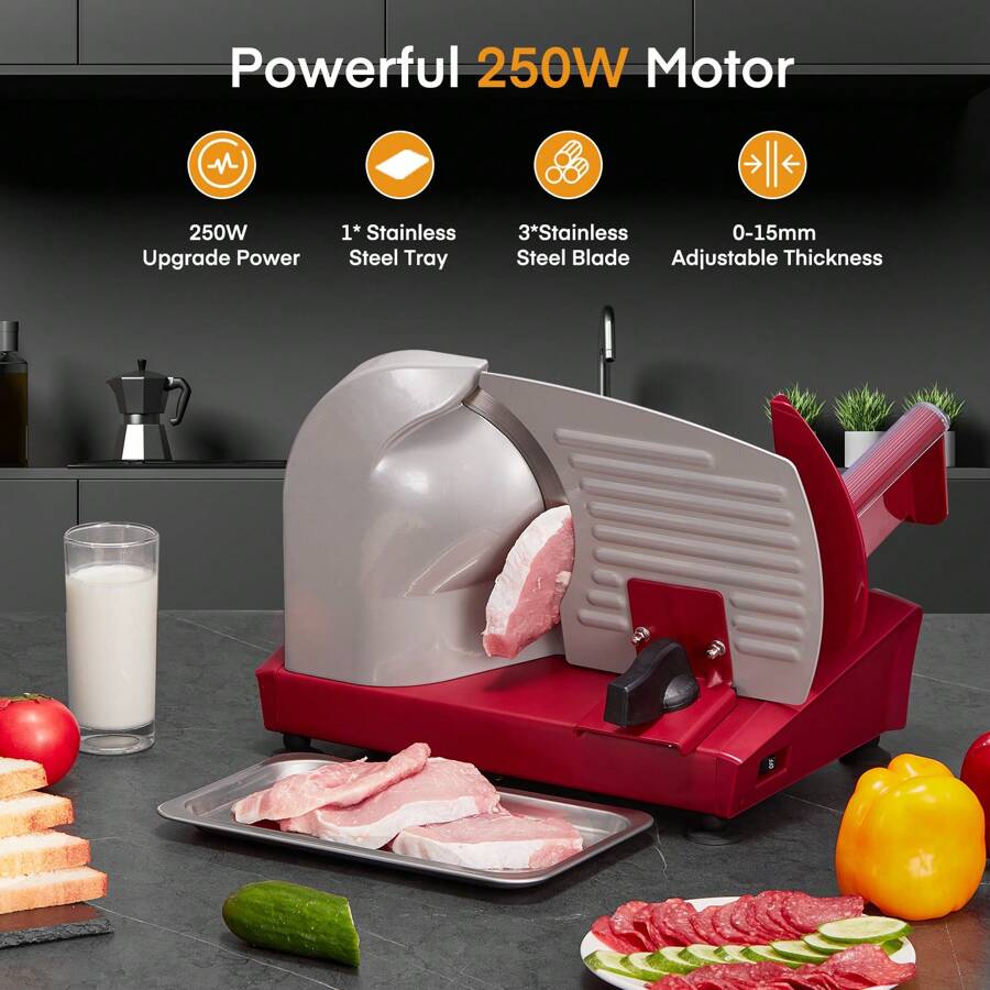 250W Meat Slicer For Home Use, Electric Food Slicer With Three 7.5" Sharp Stainless Steel Blade And One Stainless Steel Tray(Serrated + Smooth) & 0-15mm Precise Thickness Cut Deli Food, Meat, Bread, Fruit, Vegetable, Red - US A Type Plug(110-127V) - View 1
