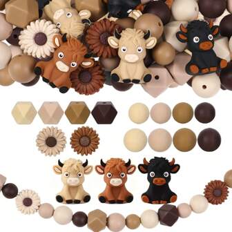 25Pcs 3D Highland Cow + Daisy Silicone Beads - Beading Kits, Fashionable Brown Series,Polygon+Large And Small Round Beads Perfect For DIY Bracelets, Beaded Pen Accessories, Keychains, Party And Other Handmade Crafts Decorations -Ideal Gift