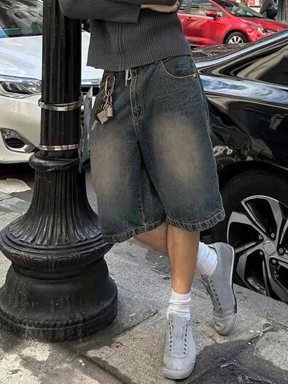 Men's Loose Fit Wide Leg Casual Denim Bermuda Shorts Jorts, Emo Style