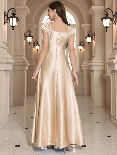 Elegant Solid Color Square Neck A-Line Extra Long Evening Dress Wedding Spring Party