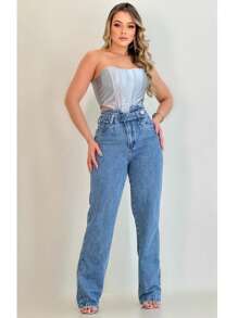Women's Wide Leg Jeans With High Waist And Side Opening, Super Stylish - Medium Wash - View 2