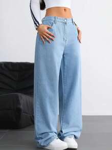 Women's Wide Leg Jeans, High Waist, Various Colors - 淺色水洗藍 - 查看 3
