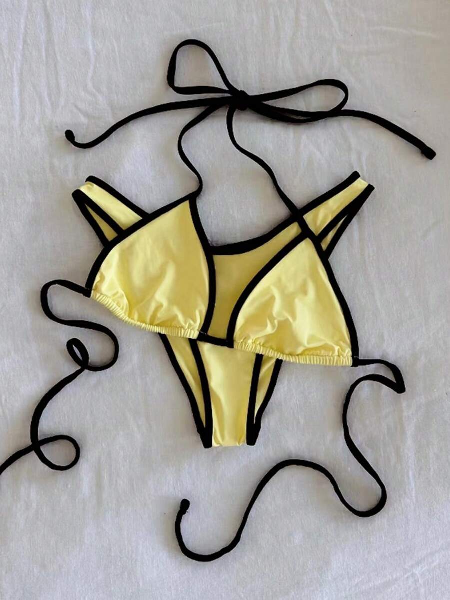PEPPERMOLLY 纯色柔软领带性感比基尼套装，女士夏季沙滩时尚泳装度假装 - 黃色 - 查看 1