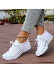 女士白色网眼透气运动鞋，防滑耐用，时尚百搭步行运动鞋 - 白色 - 查看 1