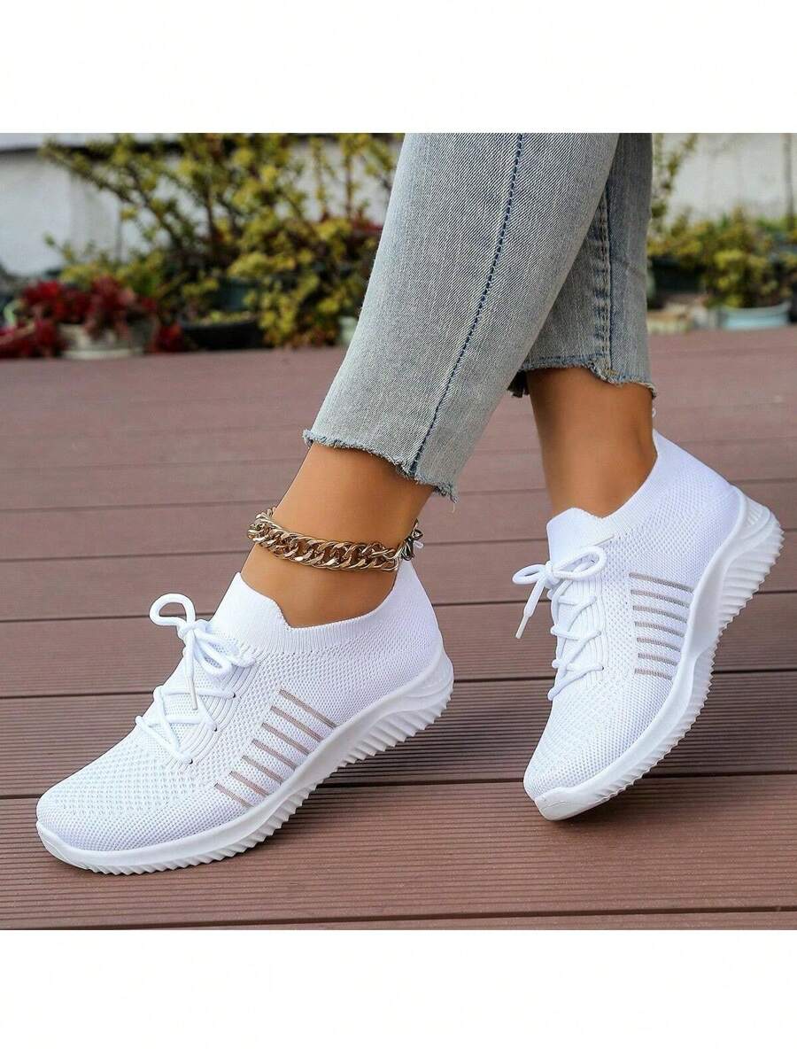 女士白色网眼透气运动鞋，防滑耐用，时尚百搭步行运动鞋 - 白色 - 查看 1