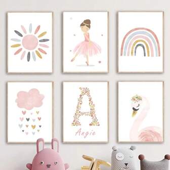 1 pieza Cartel de arte de pared sin marco Moderno con sol, arcoíris, niña bailarina, cisne, pósteres nórdicos e impresiones, pintura de arte de pared de dibujos animados sobre lienzo para decoración de habitación de bebé y niños
