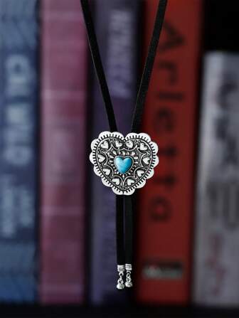 复古风格绿松石花合金和皮革长项链，男女皆宜的简约设计