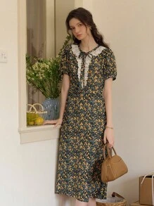 Simple Retro Women's Spring - Summer V - Neck Woven Dress With Lace Fringe, Drawstring And Floral Print - Black - View 4