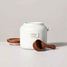 Recipiente de café de gres de 12 onzas con tapa de madera y cucharón en color crema/marrón - Blanco - Ver 2