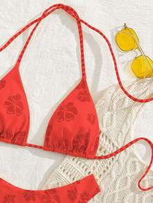 PEPPERMOLLY 新款柔软印花系带露背沙滩泳衣套装，优雅性感女士比基尼，夏季海滩时尚度假装 - 紅色 - 查看 5