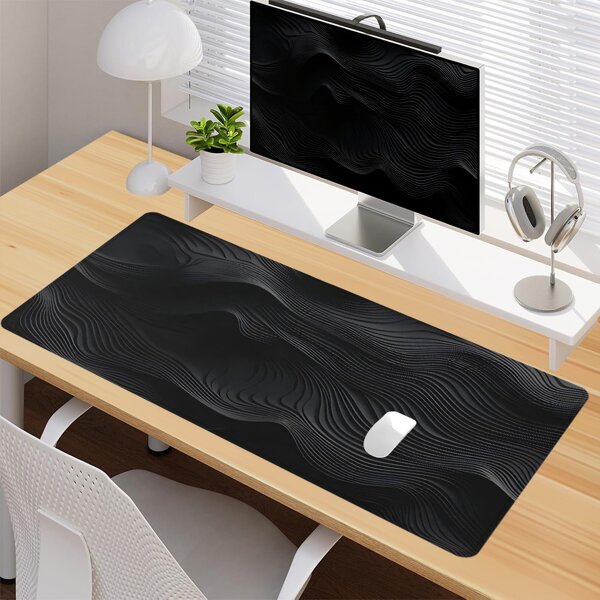 1 pieza Alfombrilla de ratón minimalista de onda 3D en negro, gran tapete de escritorio, accesorios de escritorio, alfombrilla de goma con borde cosido, antideslizante, para teclado, para oficina, hogar, computadora, regalos de cumpleaños para hombres, mujeres, amigos, vuelta al colegio