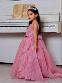 少女优雅长款薄纱连衣裙，适合派对、活动、晚宴等场合 - 不含头饰 - 藕粉色 - 查看 5